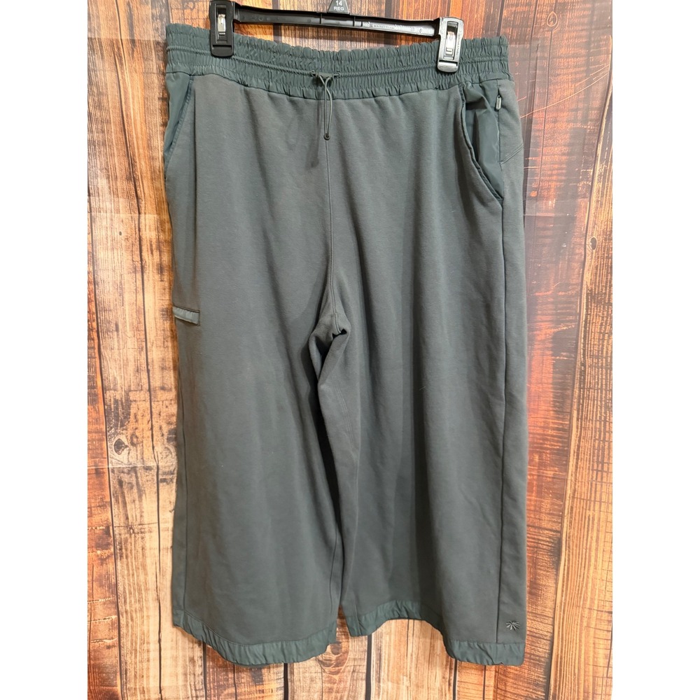 Athleta Women XL Green Wide Leg Crop Joggers Fleece Pants Mixed Media Drawstring